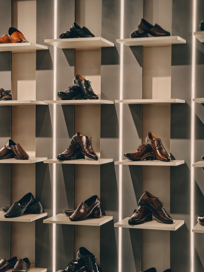 gallery-01 A stylish display of brown men's dress shoes organized neatly on modern shelves in a store.